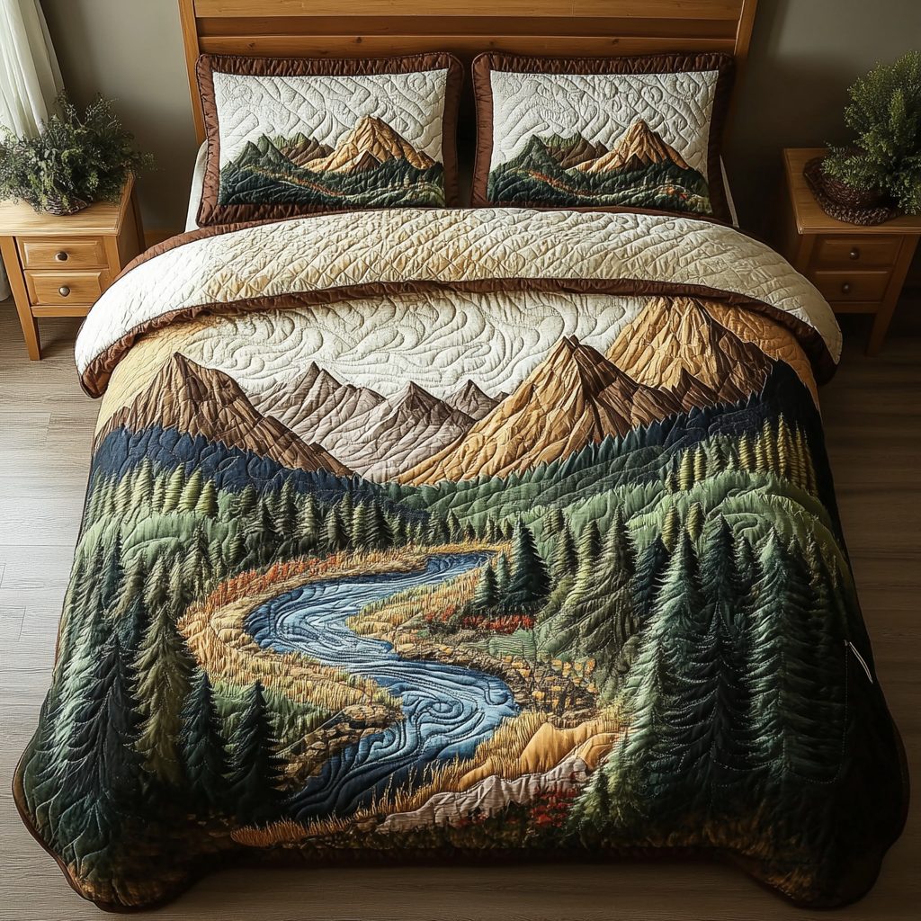 Mountain Flow quilted 3-piece bedding set on a made bed with two matching pillow shams