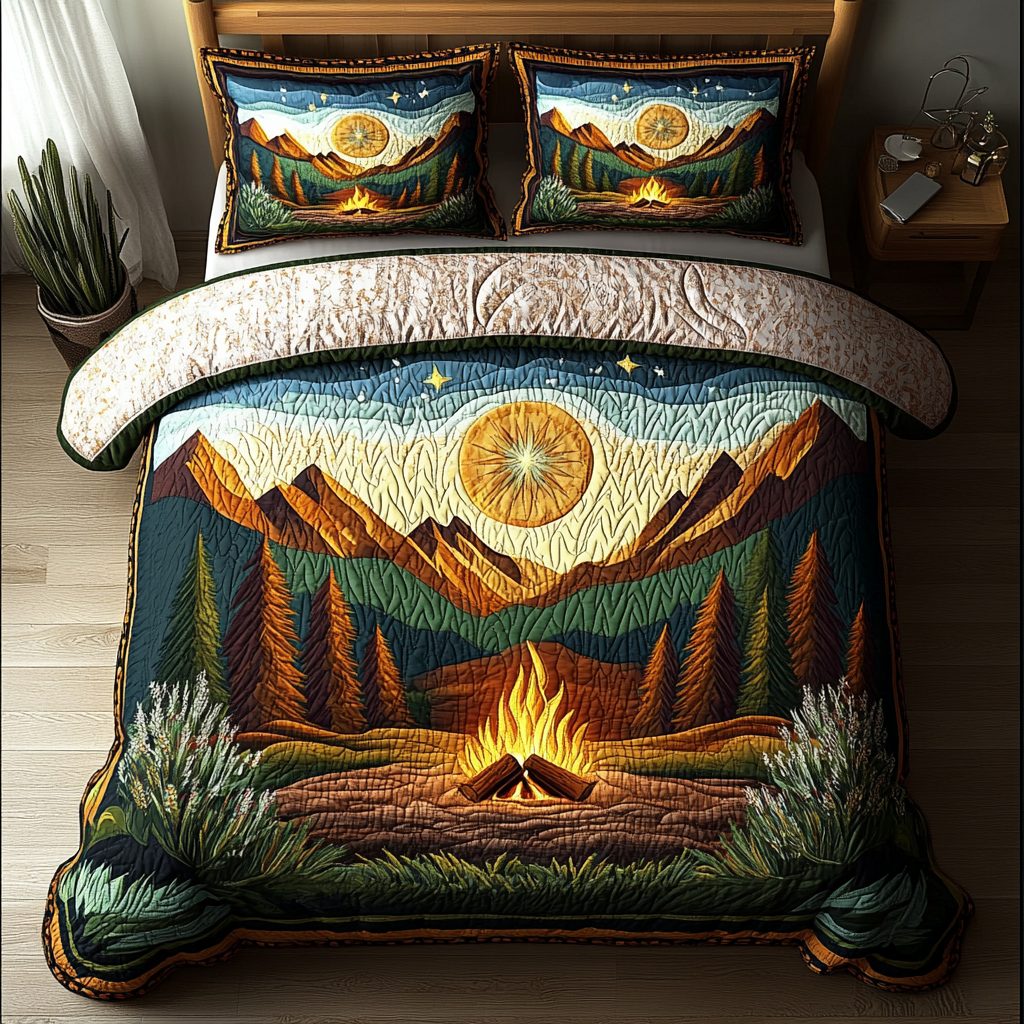 Mountain Glow quilted 3-piece bedding set on a made bed with two matching pillow shams