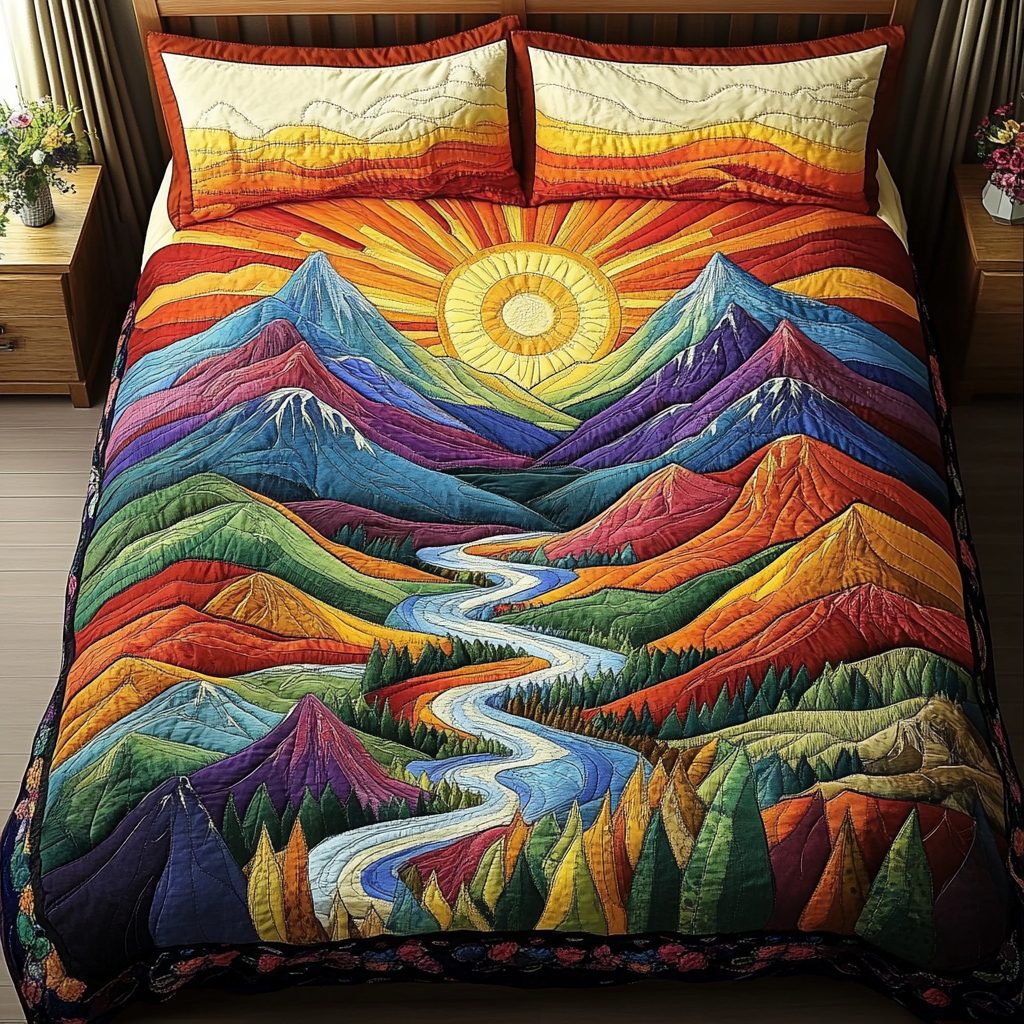 Mountain Glow quilted 3-piece bedding set on a made bed with two matching pillow shams
