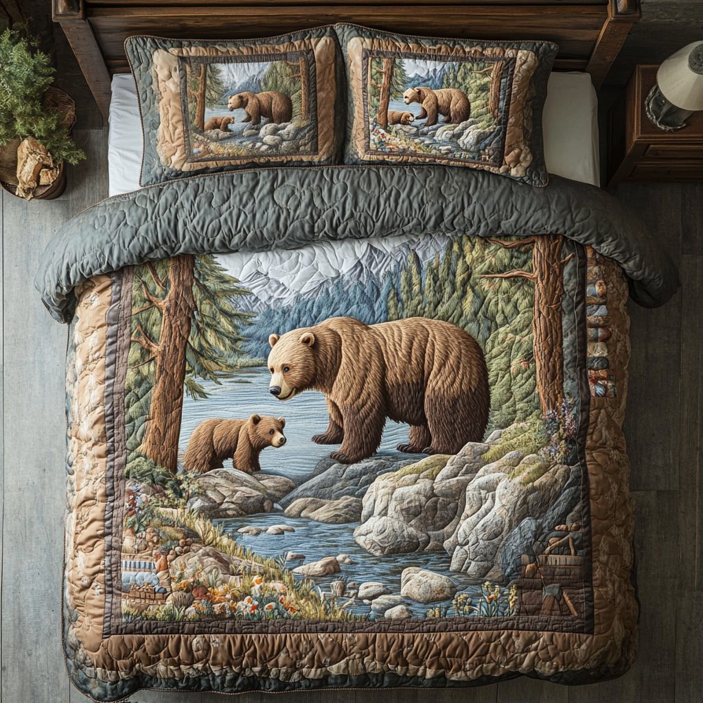Mountain Grizzly quilted 3-piece bedding set on a made bed with two matching pillow shams