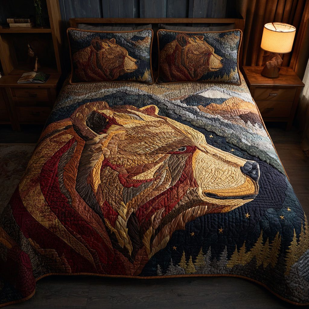 Mountain Haven quilted 3-piece bedding set on a made bed with two matching pillow shams
