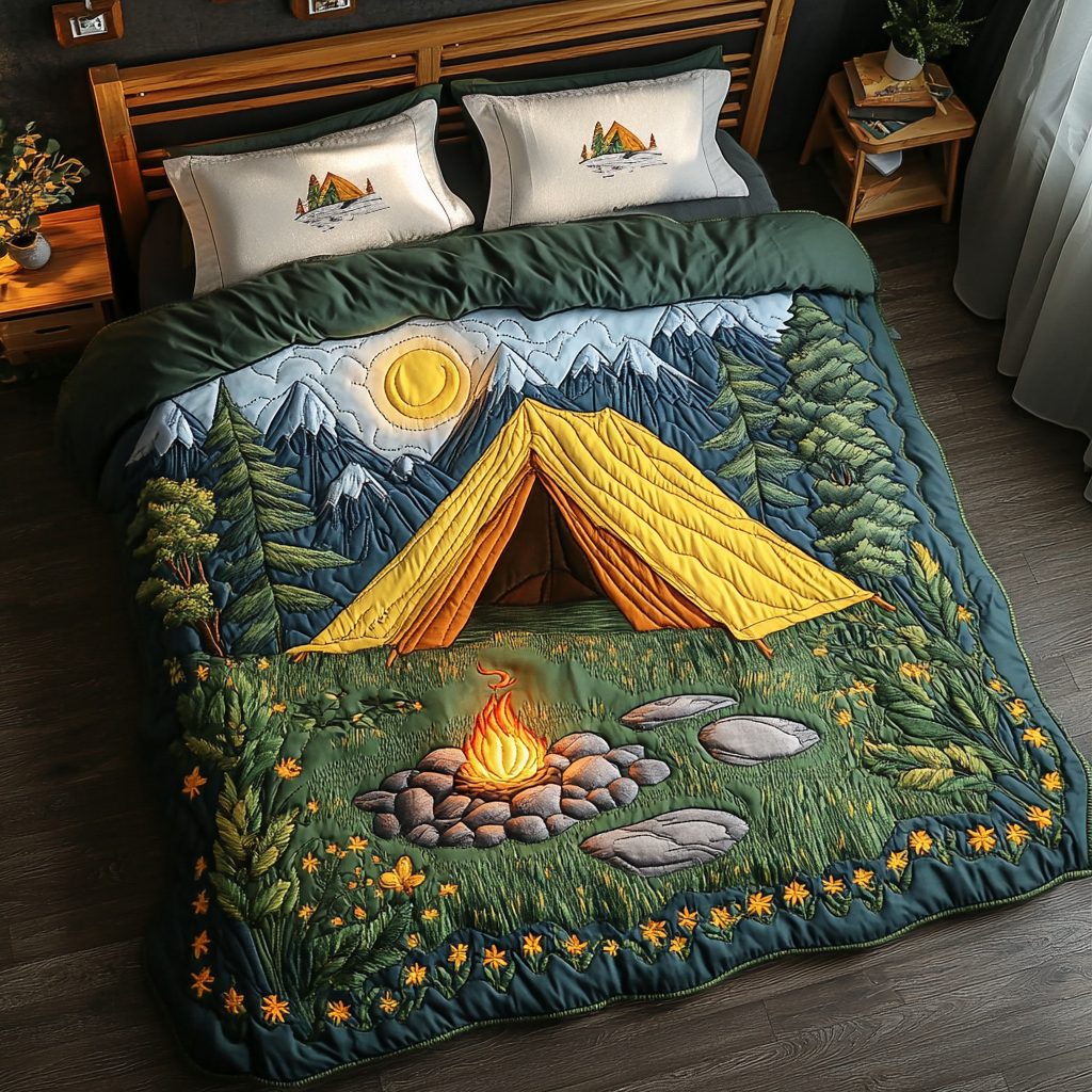 Mountain Hideaway quilted 3-piece bedding set on a made bed with two matching pillow shams