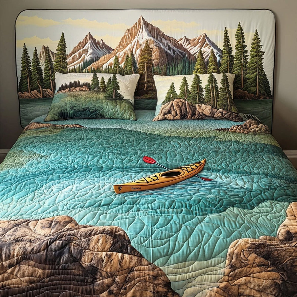 Mountain Kayak quilted 3-piece bedding set on a made bed with two matching pillow shams