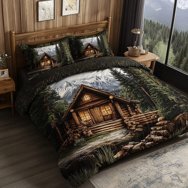 Mountain Log Cabin quilted 3-piece bedding set on a made bed with two matching pillow shams