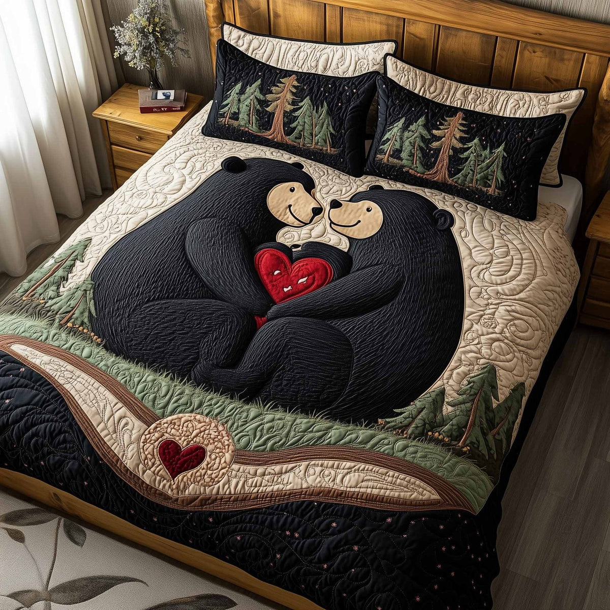 Mountain Love quilted 3-piece bedding set on a made bed with two matching pillow shams