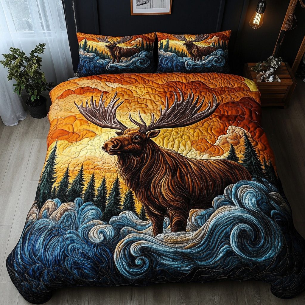 Mountain Majesty quilted 3-piece bedding set on a made bed with two matching pillow shams