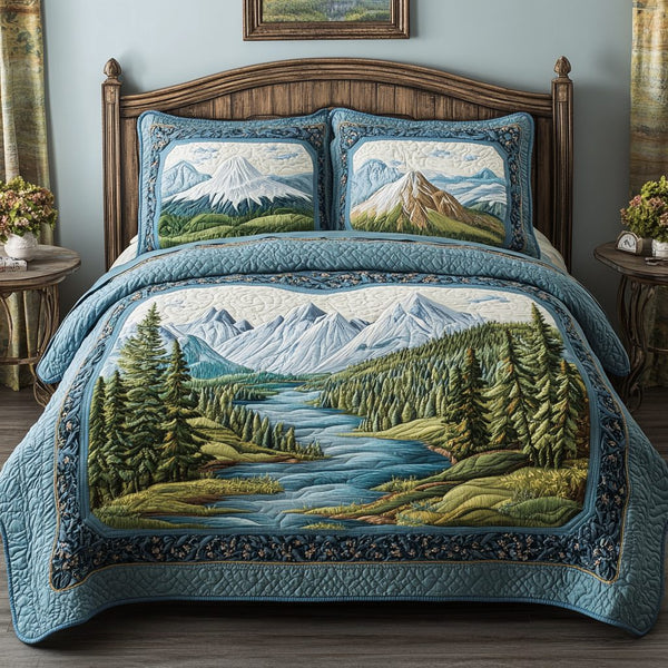 Mountain Meadow quilted 3-piece bedding set on a made bed with two matching pillow shams