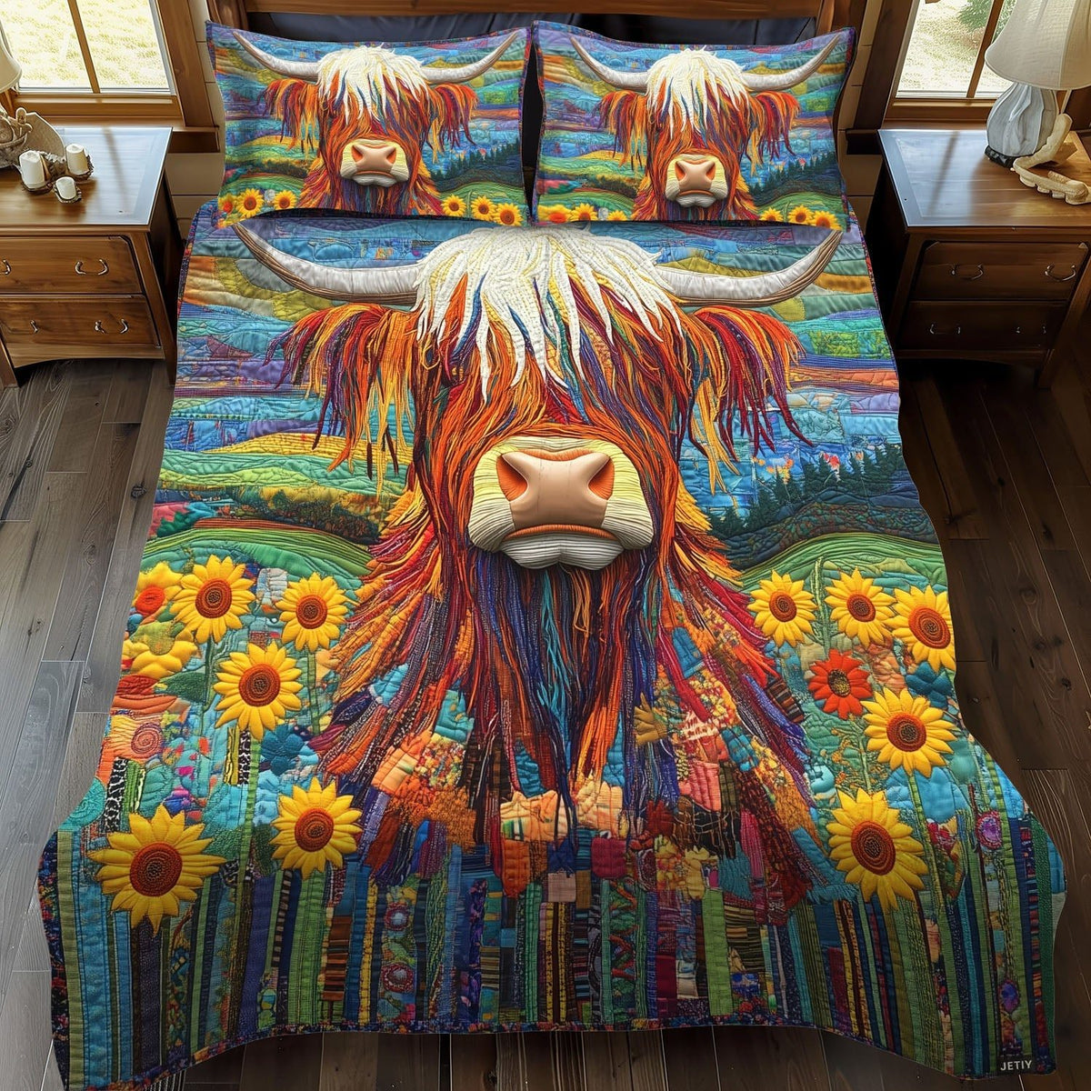 Mountain Meadows quilted 3-piece bedding set on a made bed with two matching pillow shams