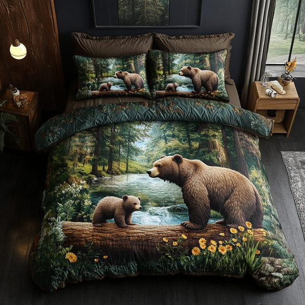Mountain Paws quilted 3-piece bedding set on a made bed with two matching pillow shams