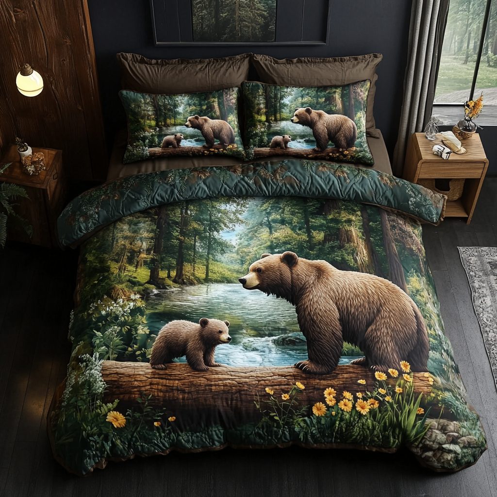 Mountain Paws quilted 3-piece bedding set on a made bed with two matching pillow shams