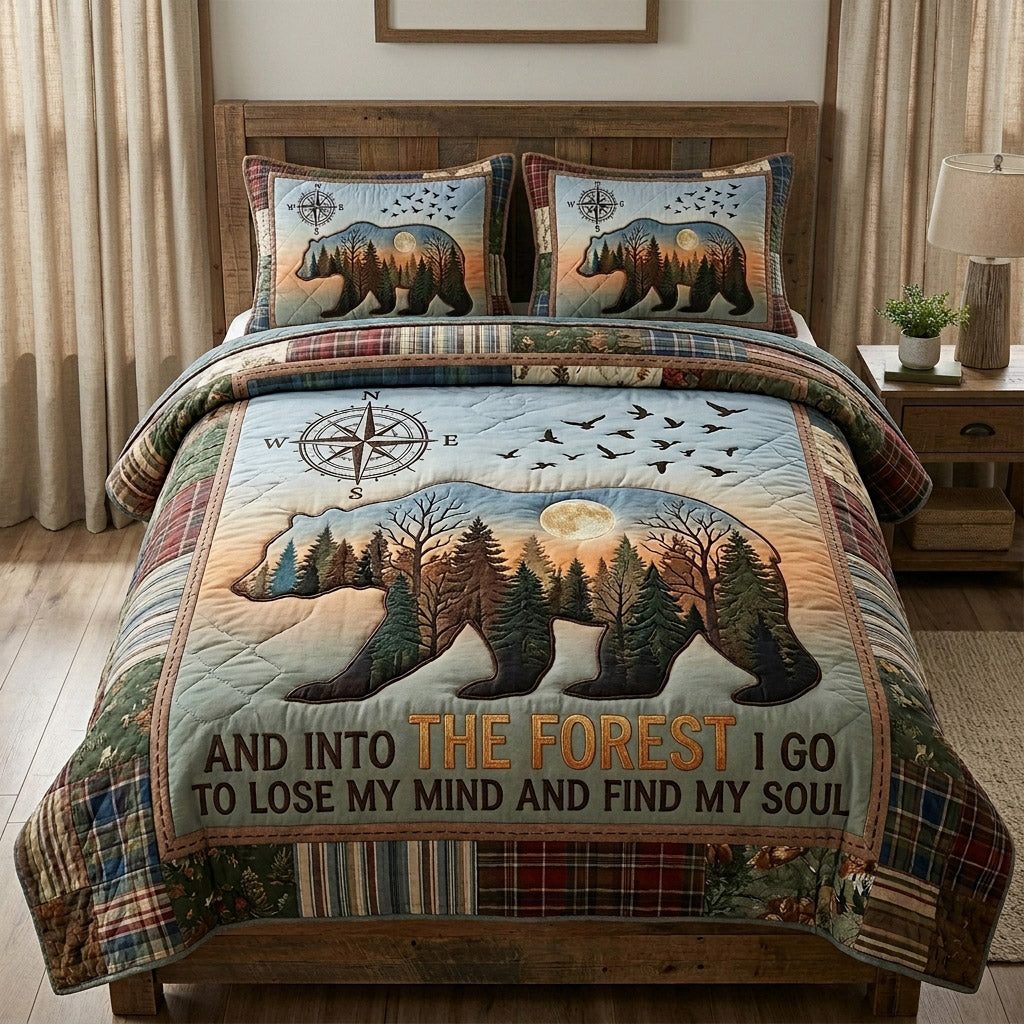 Mountain Pines quilted 3-piece bedding set on a made bed with two matching pillow shams