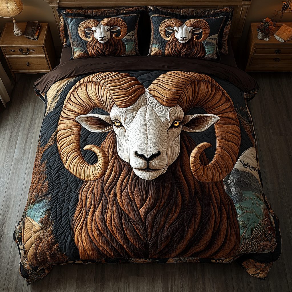 Mountain Pride quilted 3-piece bedding set on a made bed with two matching pillow shams