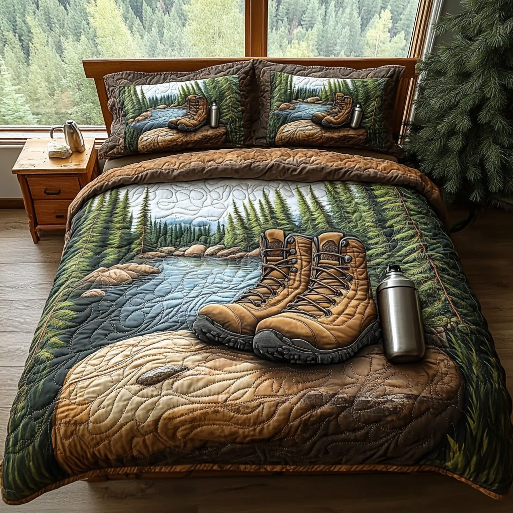 Mountain Quest quilted 3-piece bedding set on a made bed with two matching pillow shams