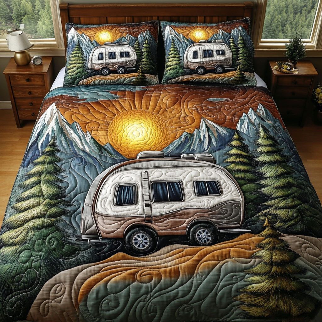 Mountain Retreat quilted 3-piece bedding set on a made bed with two matching pillow shams