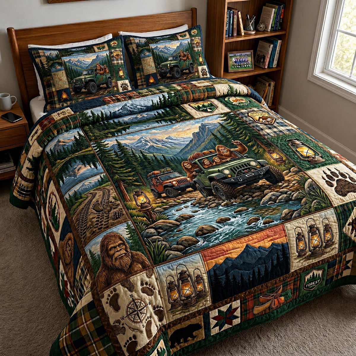 Mountain Roam quilted 3-piece bedding set on a made bed with two matching pillow shams