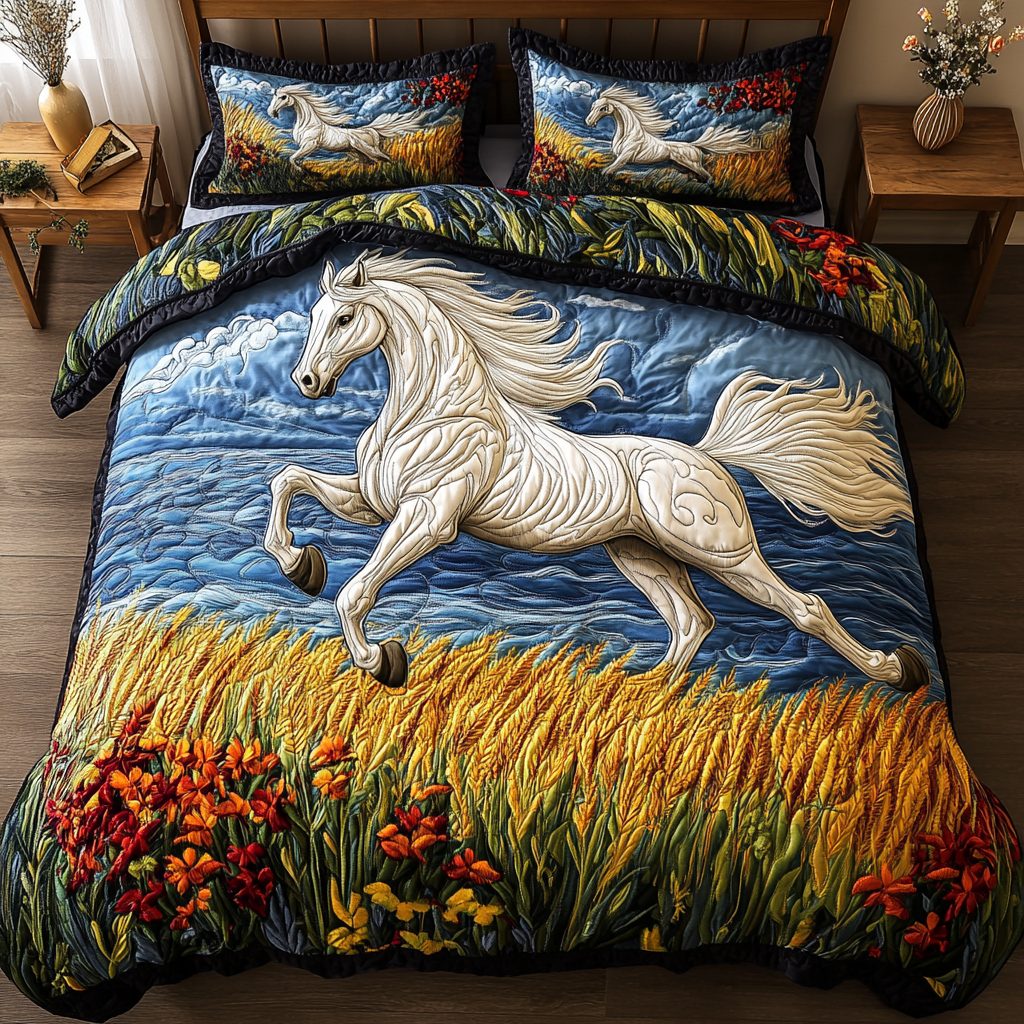 Mountain Run quilted 3-piece bedding set on a made bed with two matching pillow shams