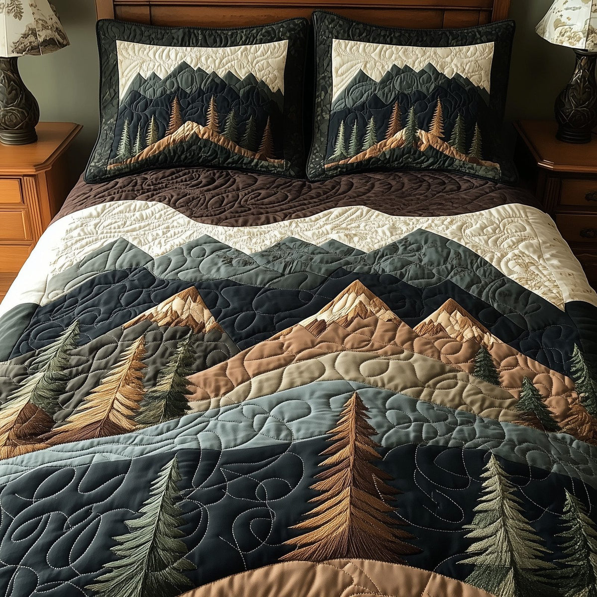 Mountain's Embrace quilted 3-piece bedding set on a made bed with two matching pillow shams