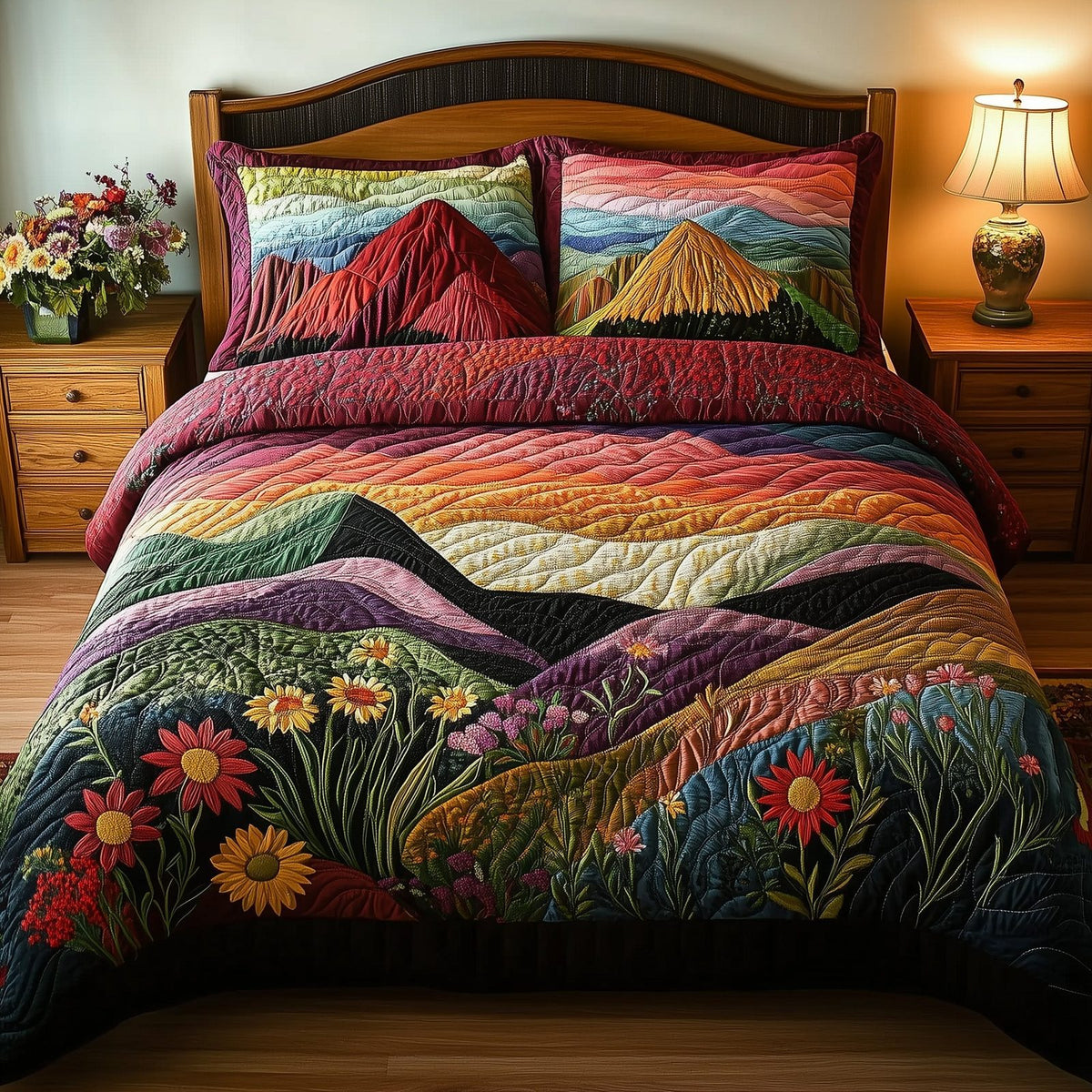 Mountain's Embrace quilted 3-piece bedding set on a made bed with two matching pillow shams