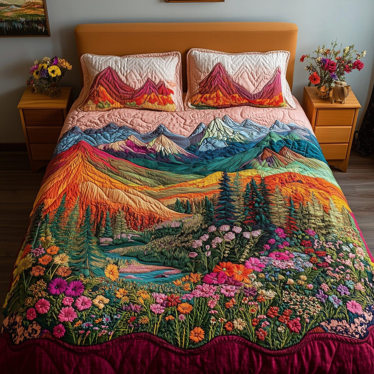 Mountain's Embrace quilted 3-piece bedding set on a made bed with two matching pillow shams