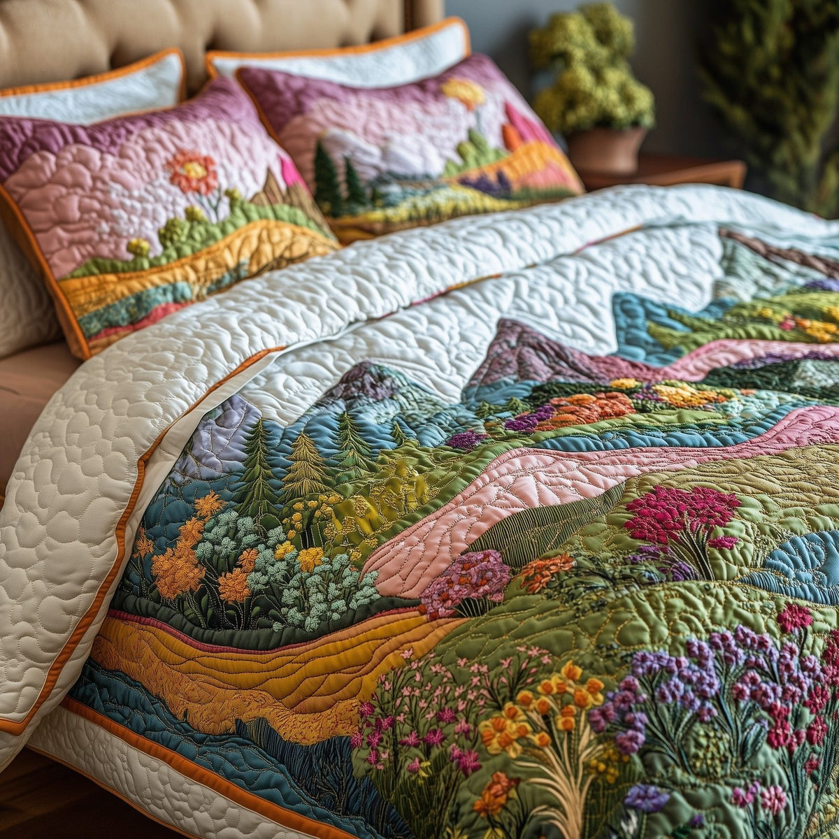 Mountain's Embrace quilted 3-piece bedding set on a made bed with two matching pillow shams
