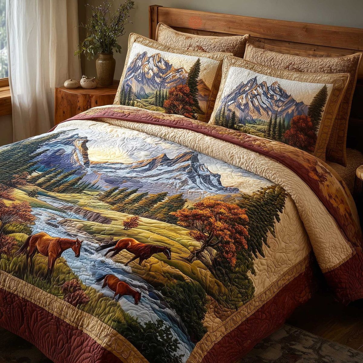 Mountain Serenity quilted 3-piece bedding set on a made bed with two matching pillow shams