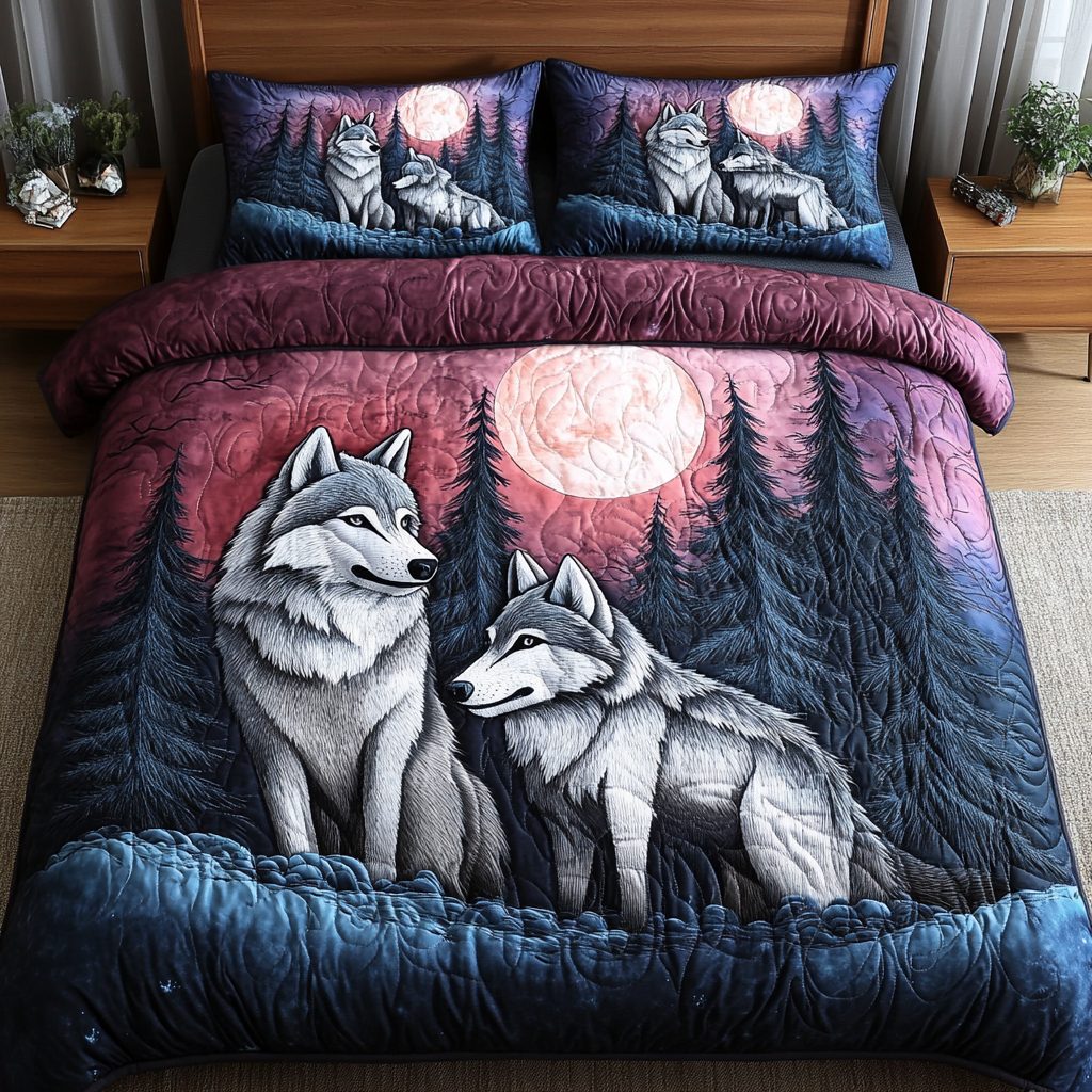 Mountain Spirits quilted 3-piece bedding set on a made bed with two matching pillow shams