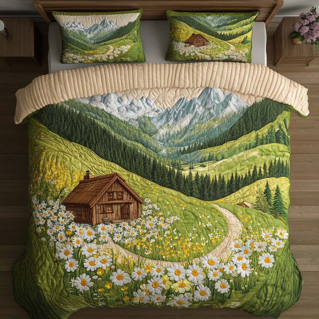 Mountain Stillness quilted 3-piece bedding set on a made bed with two matching pillow shams