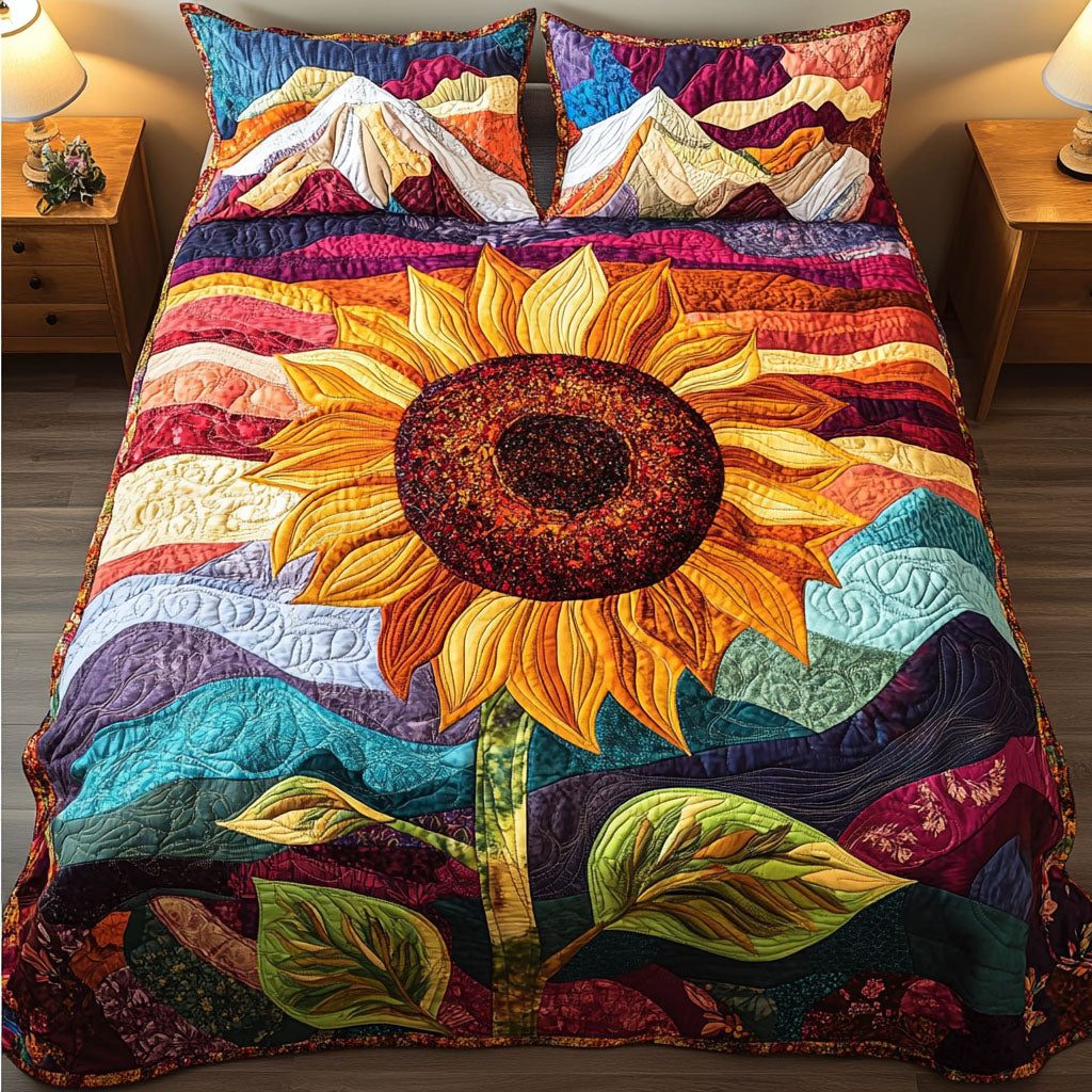 Mountain Sun quilted 3-piece bedding set on a made bed with two matching pillow shams