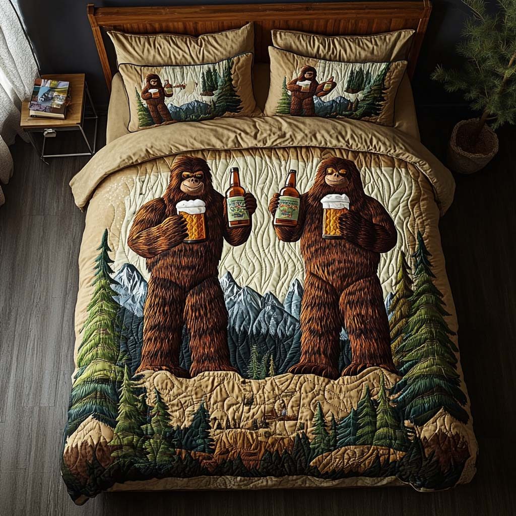 Mountain Toast quilted 3-piece bedding set on a made bed with two matching pillow shams