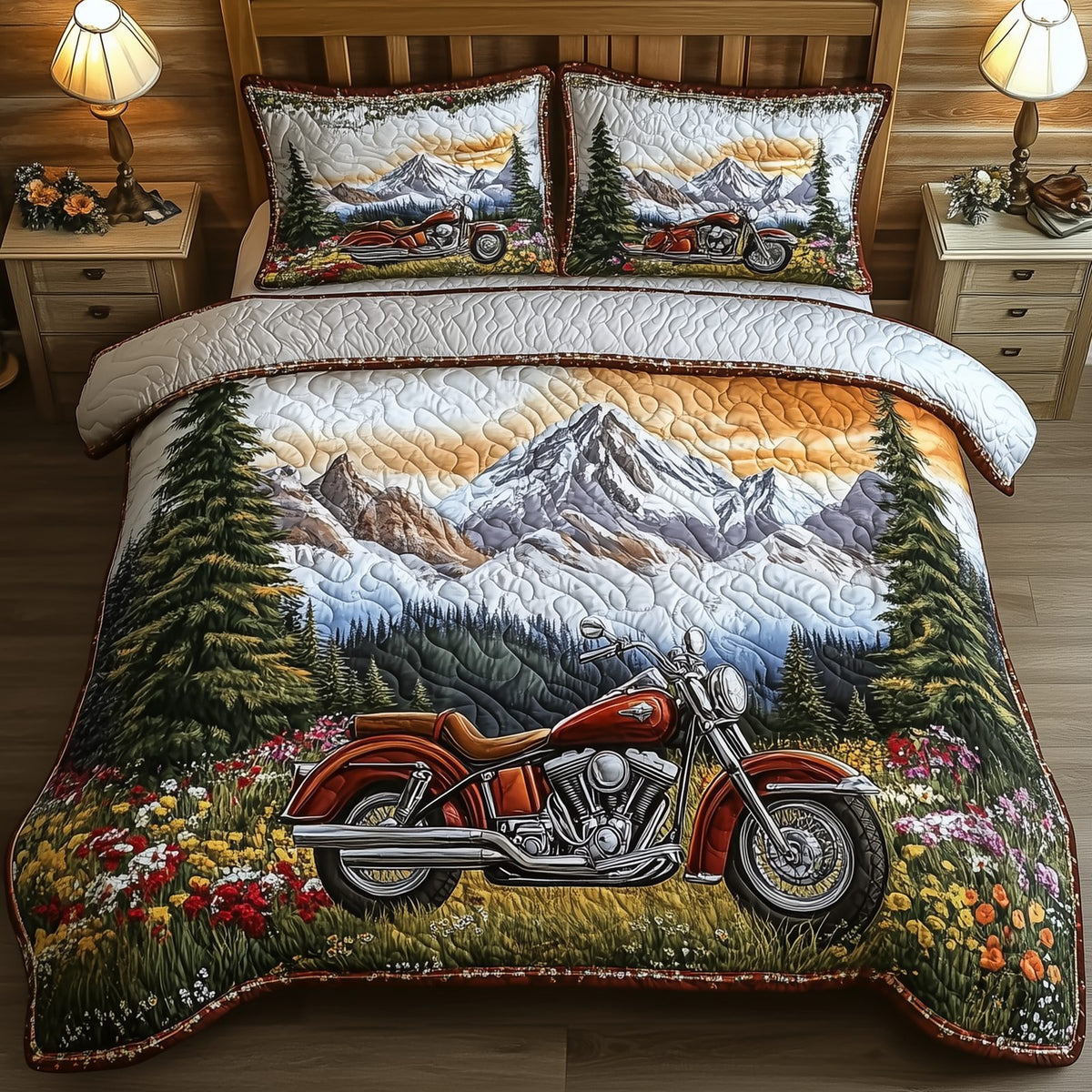 Mountain Trail Motorcycle quilted 3-piece bedding set on a made bed with two matching pillow shams