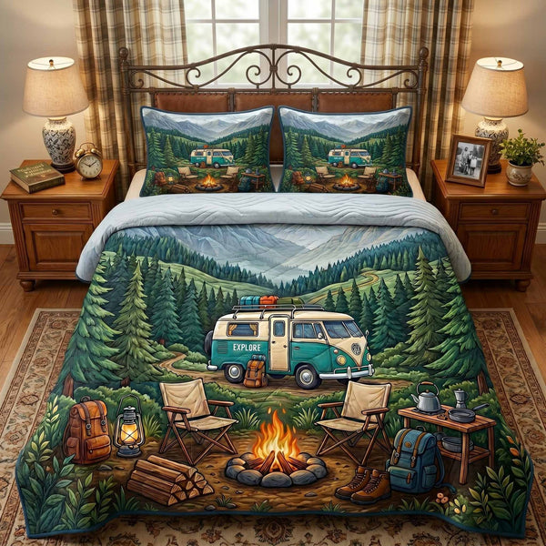 Mountain Van quilted 3-piece bedding set on a made bed with two matching pillow shams