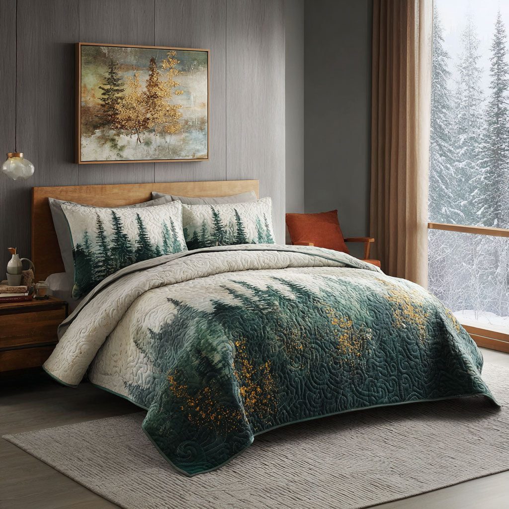 Mountain View quilted 3-piece bedding set on a made bed with two matching pillow shams
