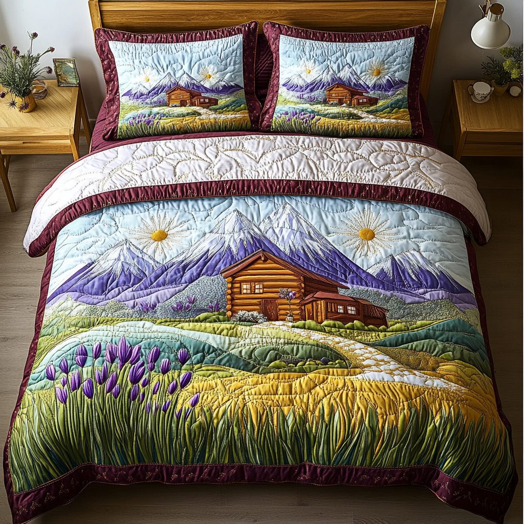 Mountain View quilted 3-piece bedding set on a made bed with two matching pillow shams