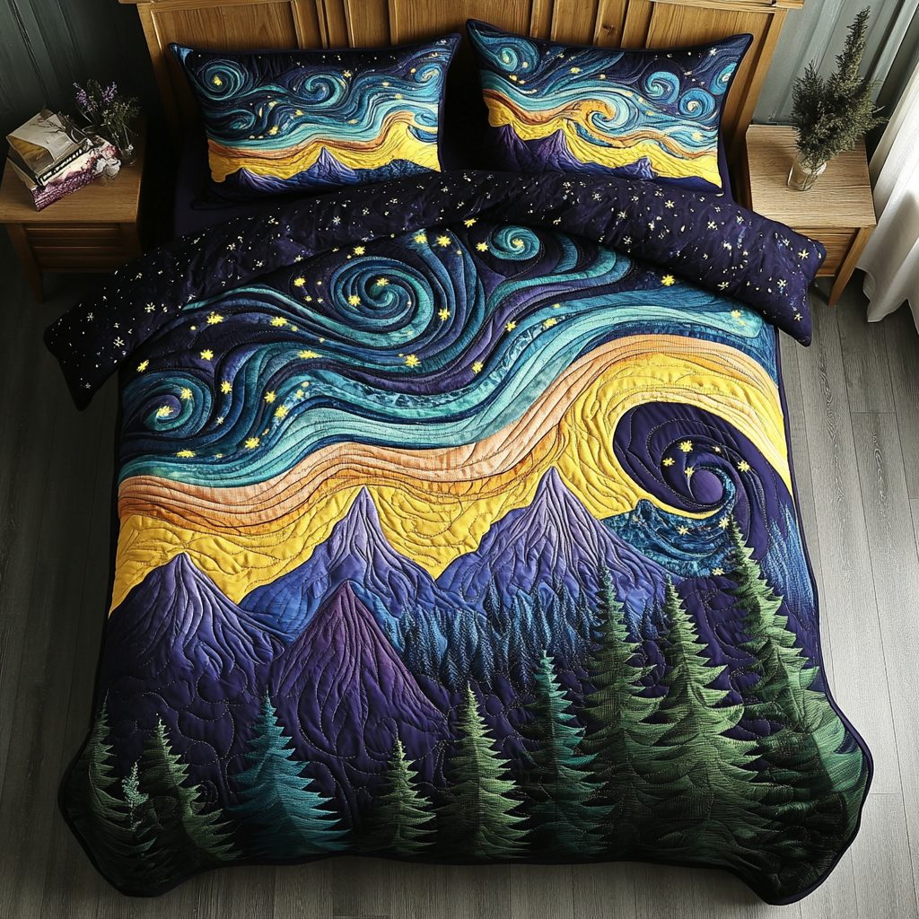 Mountain Whirl quilted 3-piece bedding set on a made bed with two matching pillow shams