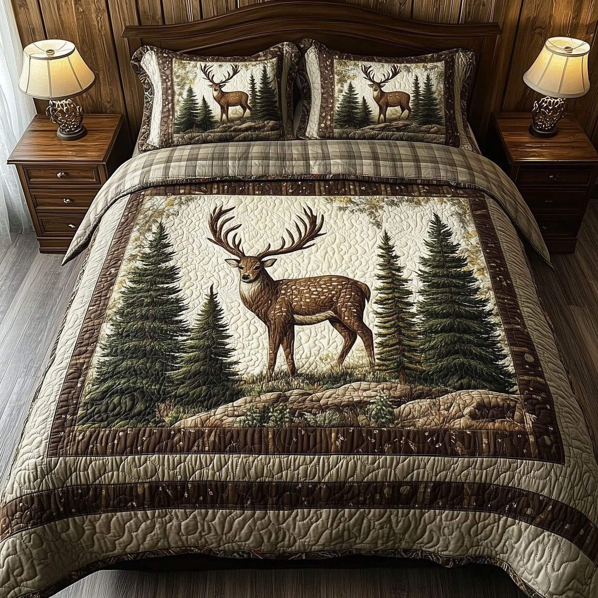 Mountain WildLife quilted 3-piece bedding set on a made bed with two matching pillow shams