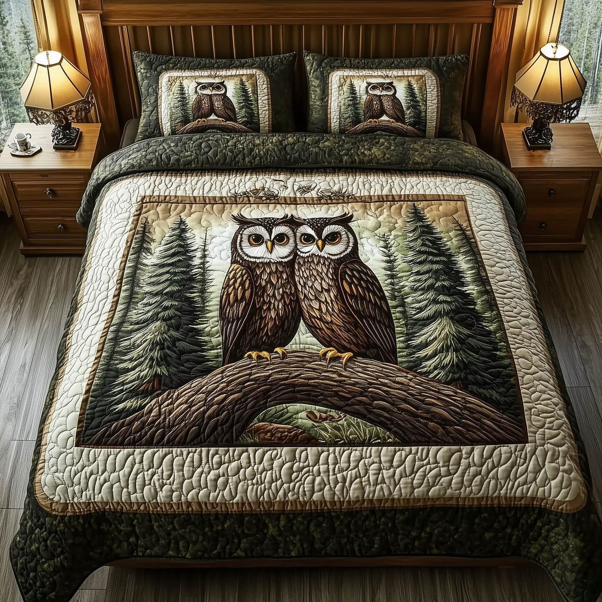 Mountain WildLife quilted 3-piece bedding set on a made bed with two matching pillow shams