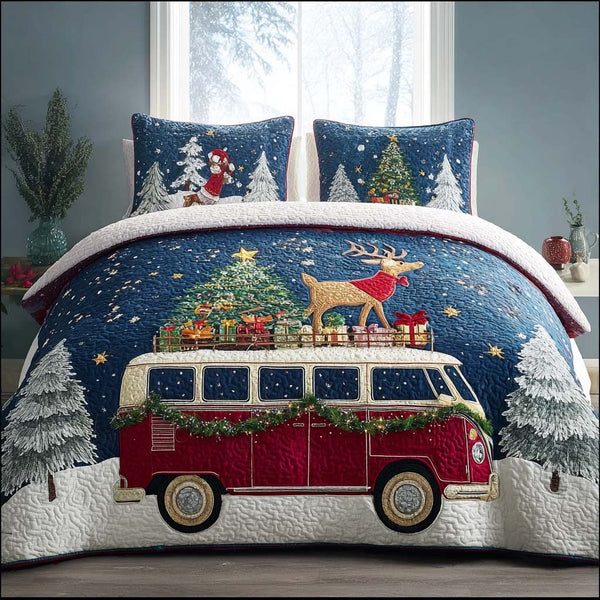 Mountain Xmas Camp quilted 3-piece bedding set on a made bed in a winter-styled bedroom