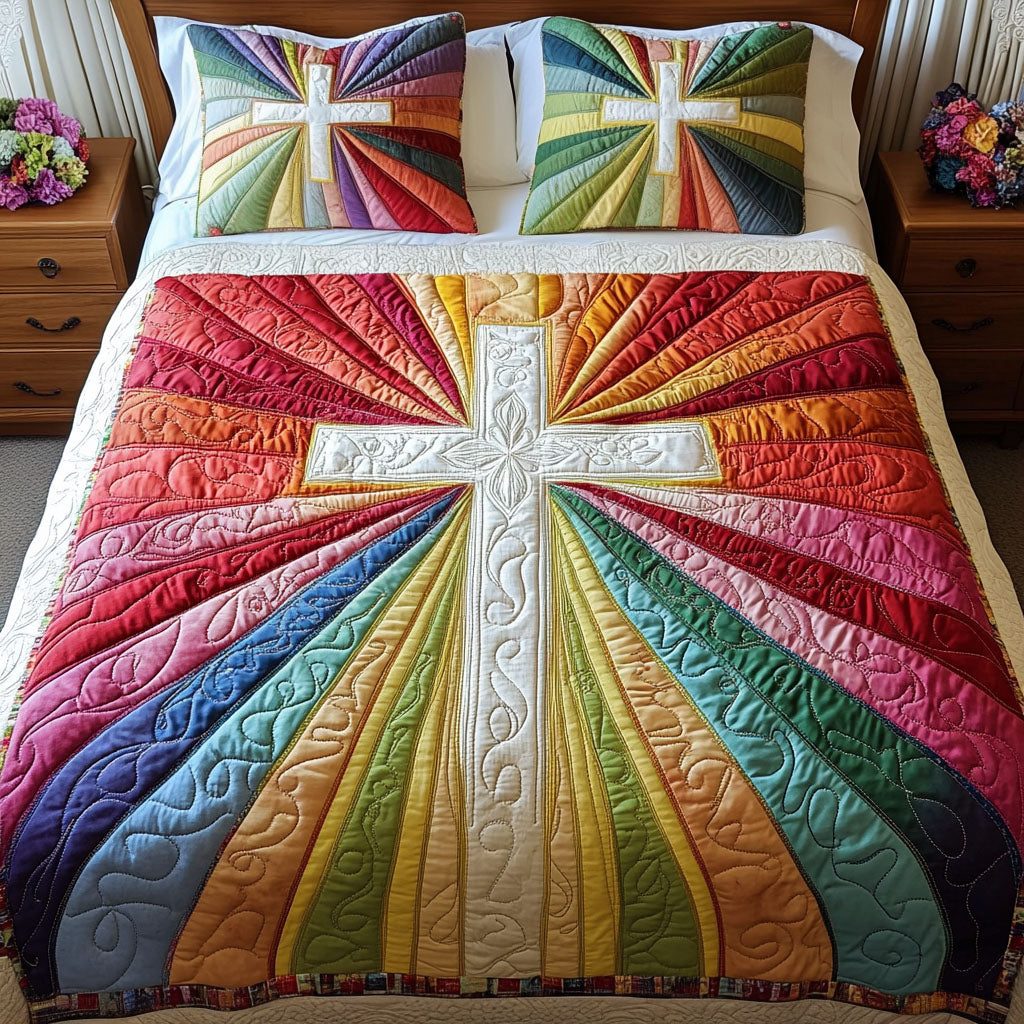 Multicolor Glory Cross quilted 3-piece bedding set on a made bed in a softly lit bedroom