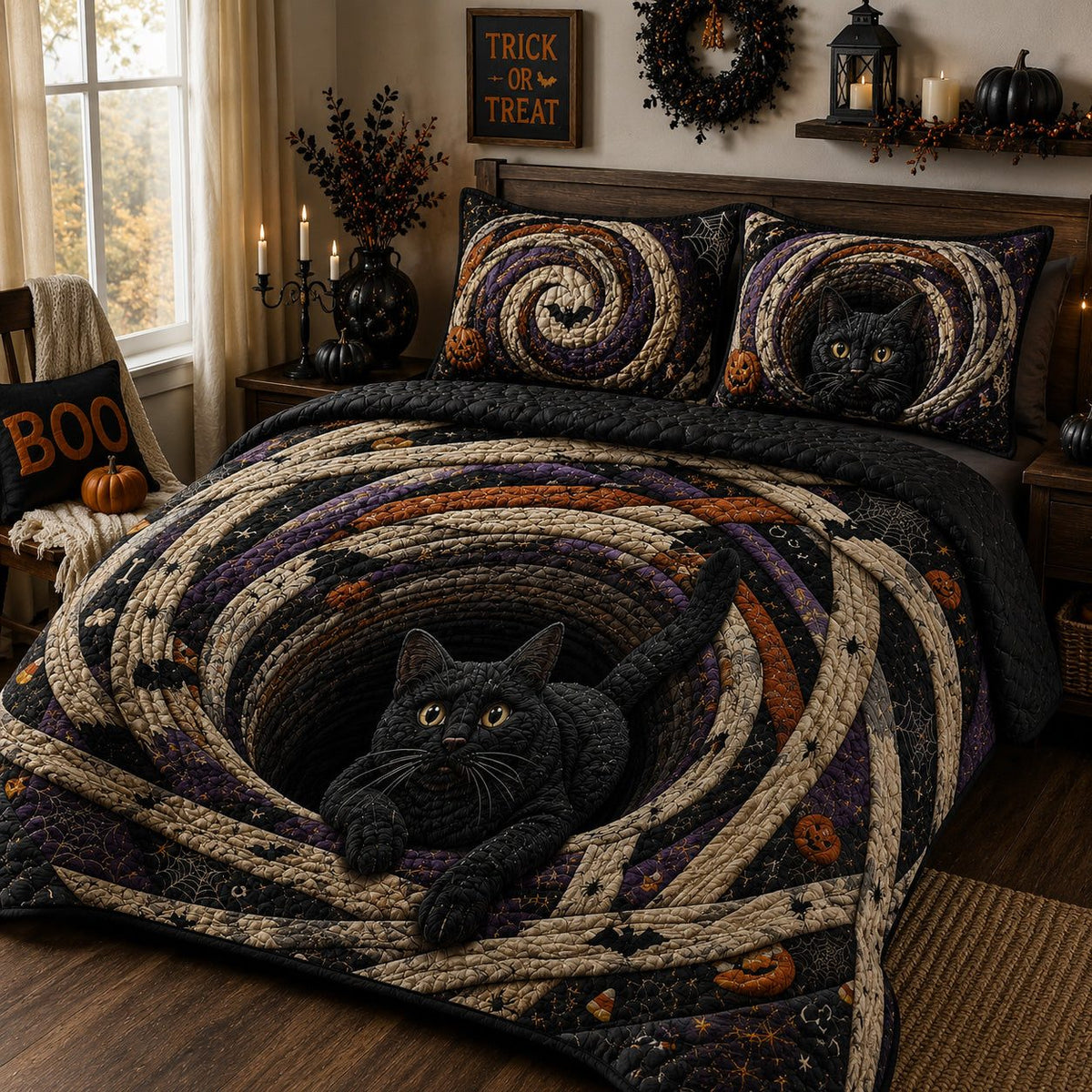 Mummy Spiral quilted 3-piece bedding set on a made bed with two matching pillow shams