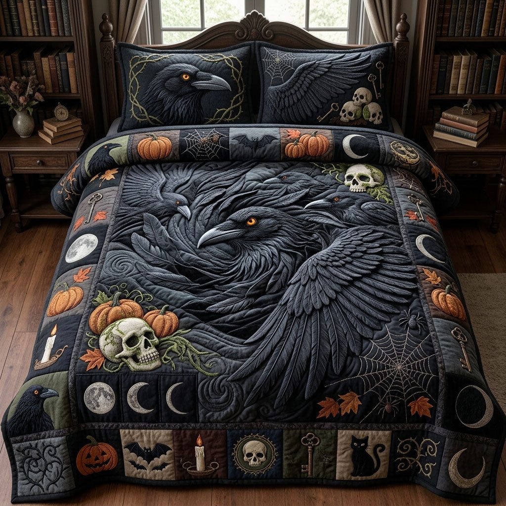 Murder Of Ravens quilted 3-piece bedding set on a made bed against a dark styled interior