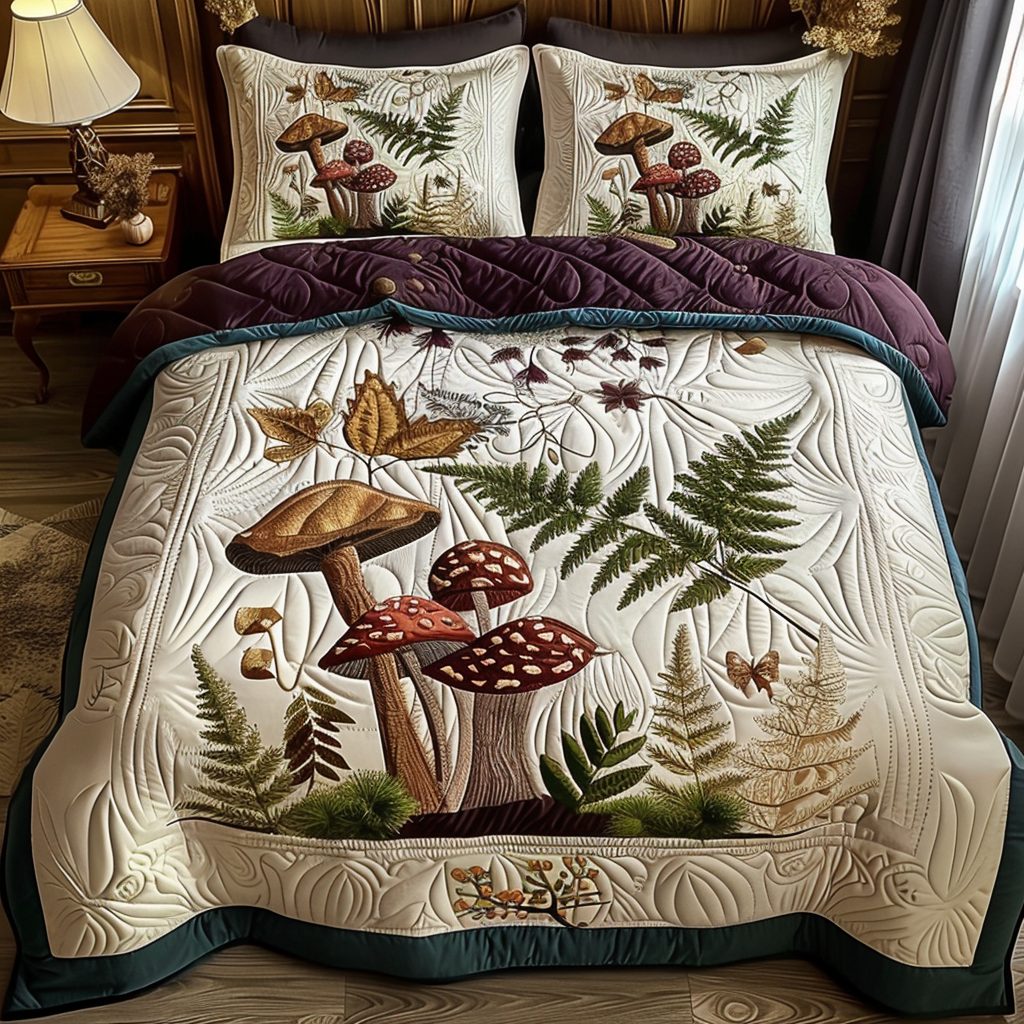 Mushroom and Foliage quilted 3-piece bedding set on a made bed with two matching pillow shams