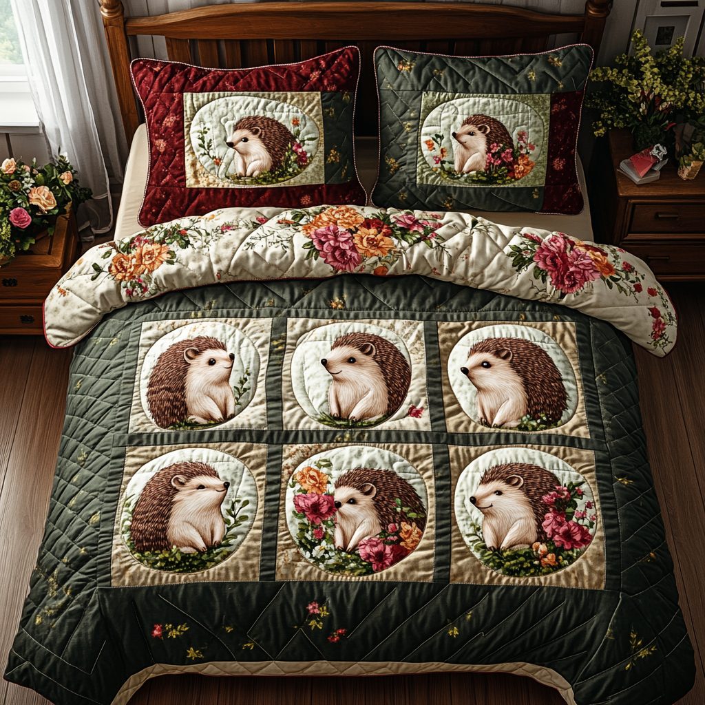 Mushroom and Spines quilted 3-piece bedding set on a made bed with two matching pillow shams