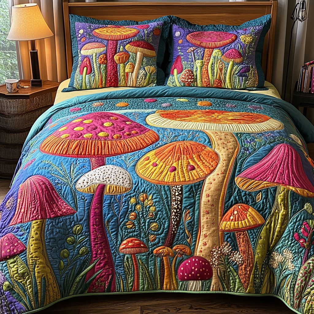 Mushroom Dream quilted 3-piece bedding set on a made bed with two matching pillow shams