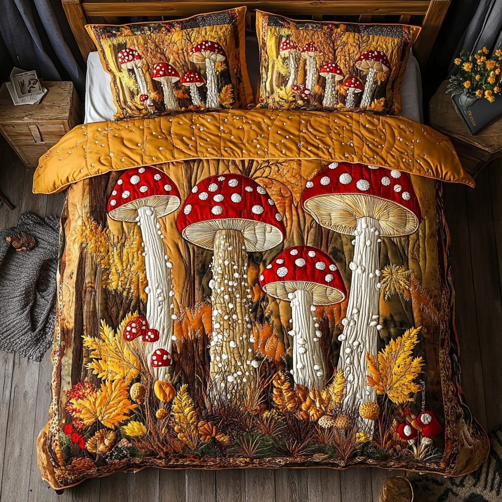 Mushroom Dream quilted 3-piece bedding set on a made bed with two matching pillow shams