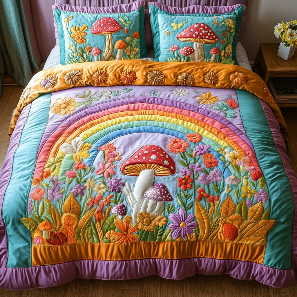 Mushroom Dream quilted 3-piece bedding set on a made bed with two matching pillow shams