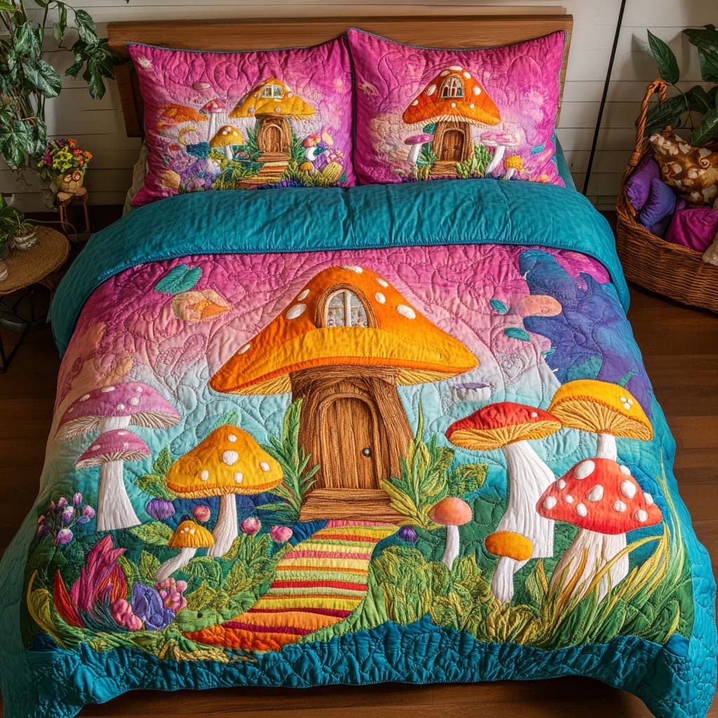 Mushroom Dreams quilted 3-piece bedding set on a made bed with two matching pillow shams