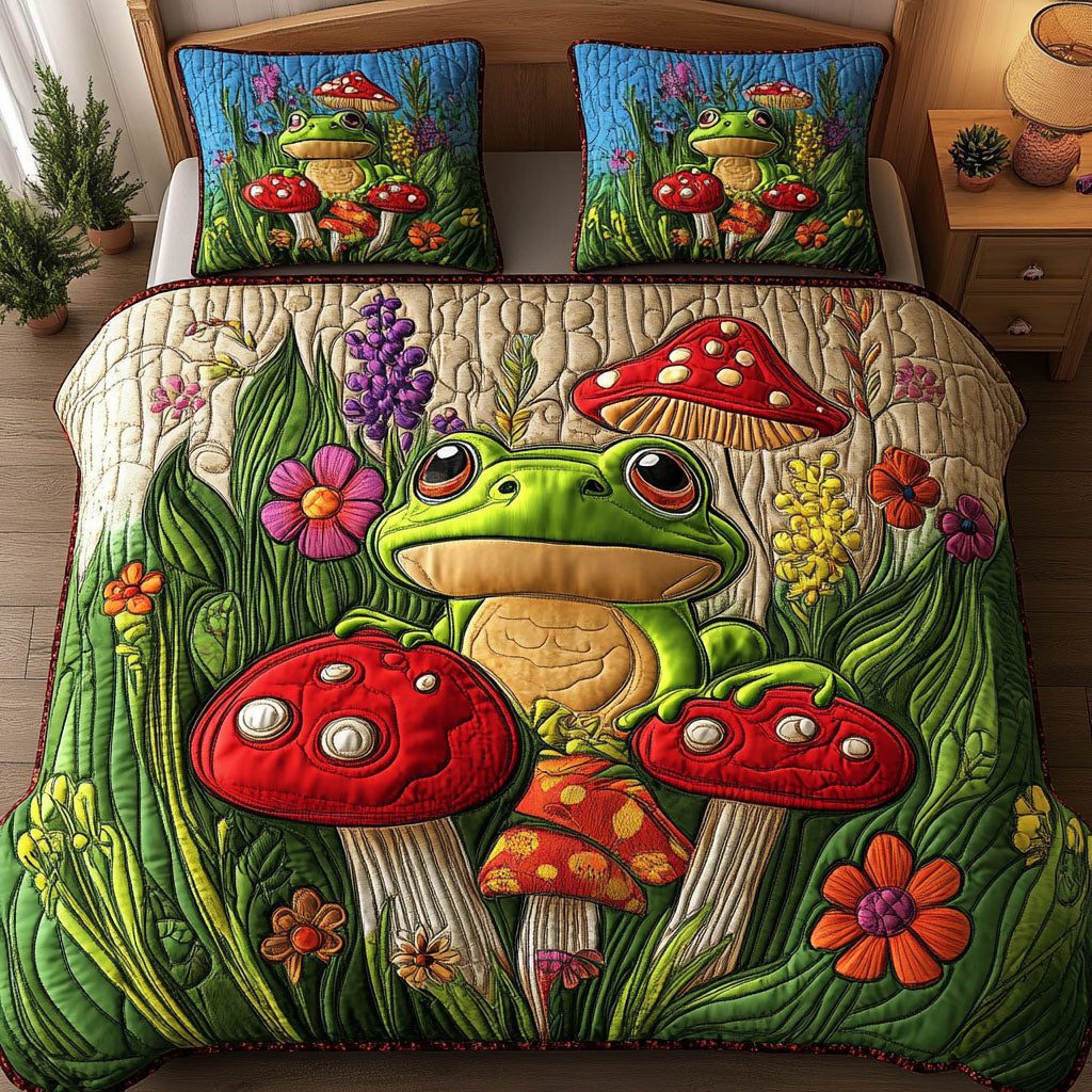 Mushroom Frog Haven quilted 3-piece bedding set on a made bed with two matching pillow shams