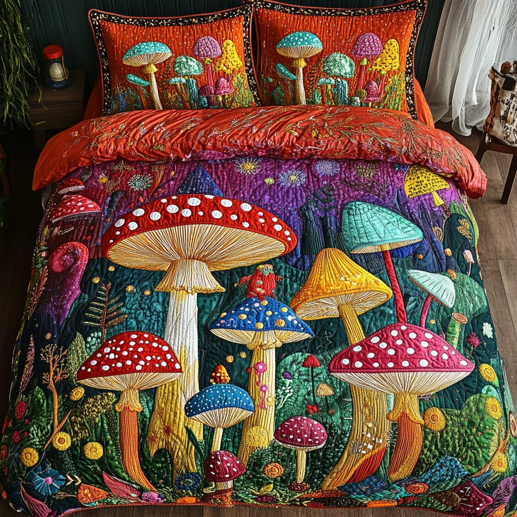 Mushroom Glow quilted 3-piece bedding set on a made bed with two matching pillow shams