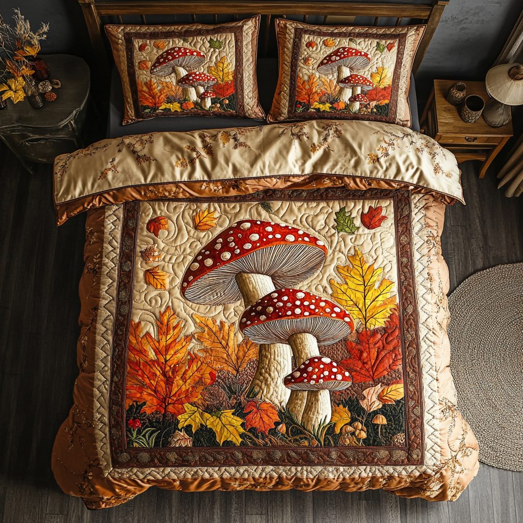 Mushroom Glow quilted 3-piece bedding set on a made bed with two matching pillow shams