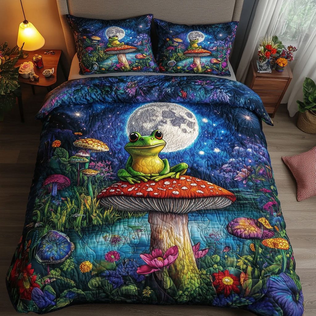 Mushroom Grove quilted 3-piece bedding set on a made bed with two matching pillow shams